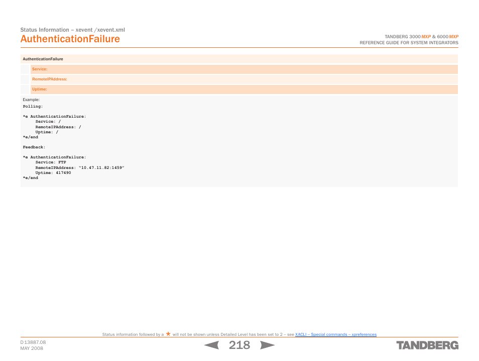 Authenticationfailure, Xeven | TANDBERG 6000MXP User Manual | Page 218 / 242