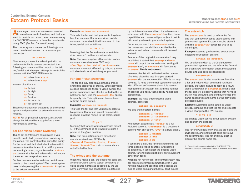 Extcam protocol basics, Far end video source switching, Far end preset switching | The extcap and the extname, The extswitch | TANDBERG 6000MXP User Manual | Page 227 / 242
