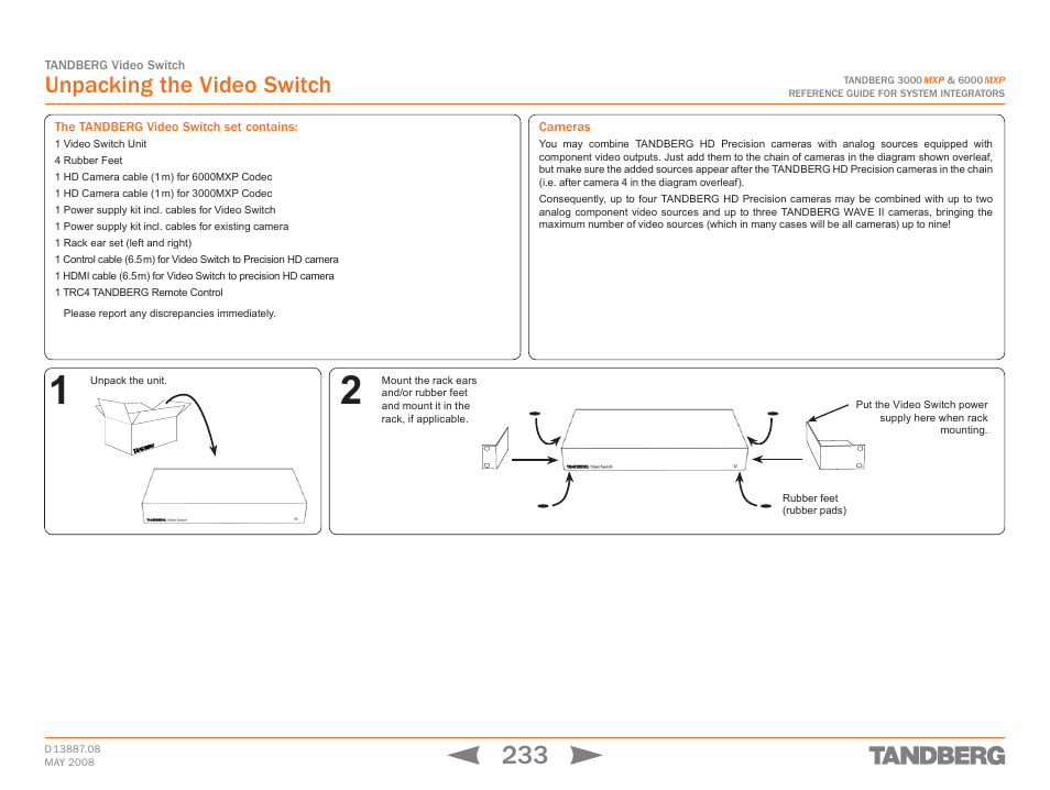 Unpacking the video switch, The tandberg video switch set contains, Cameras | The tandberg video switch set contains: cameras | TANDBERG 6000MXP User Manual | Page 233 / 242
