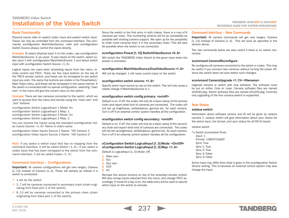 Installation of the video switch | TANDBERG 6000MXP User Manual | Page 237 / 242