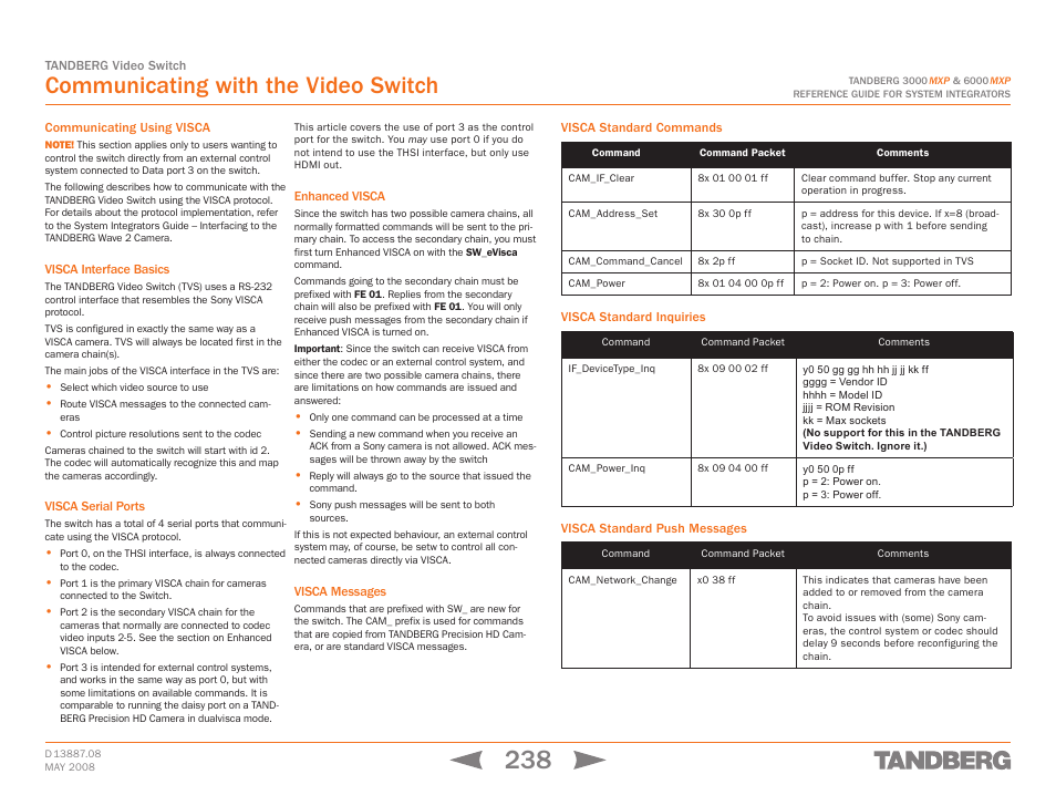 Communicating with the video switch, Communicating using visca, Visca interface basics | Visca serial ports, Enhanced visca, Visca messages, Visca standard commands, Visca standard inquiries, Visca standard push messages | TANDBERG 6000MXP User Manual | Page 238 / 242