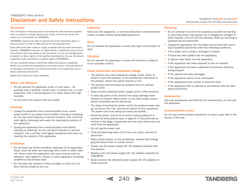 Disclaimer and safety instructions | TANDBERG 6000MXP User Manual | Page 240 / 242