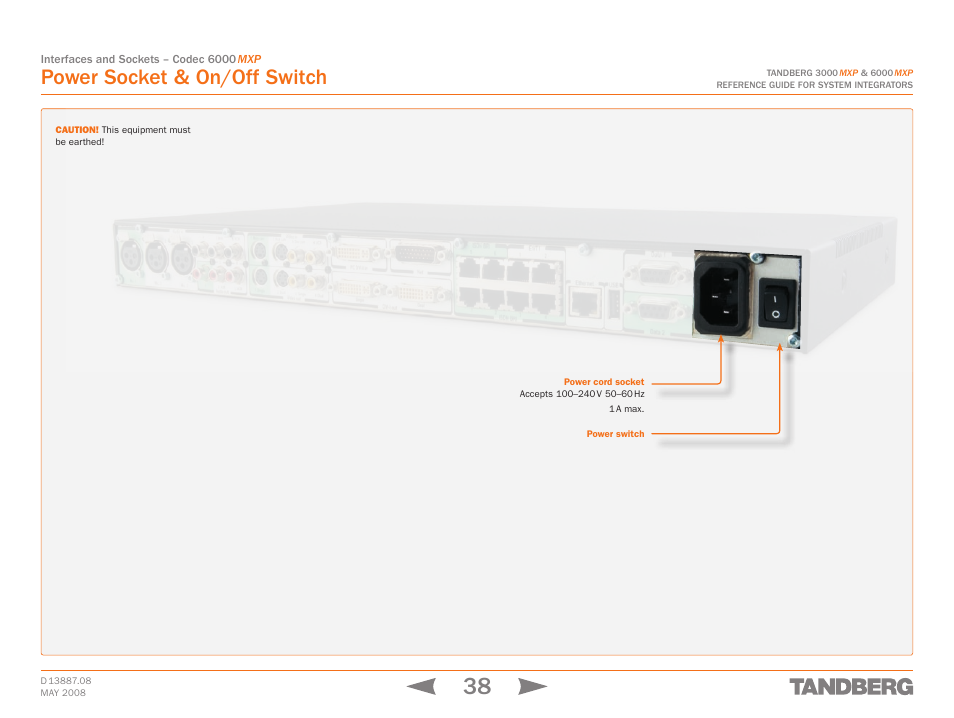 Power socket & on/off switch | TANDBERG 6000MXP User Manual | Page 38 / 242