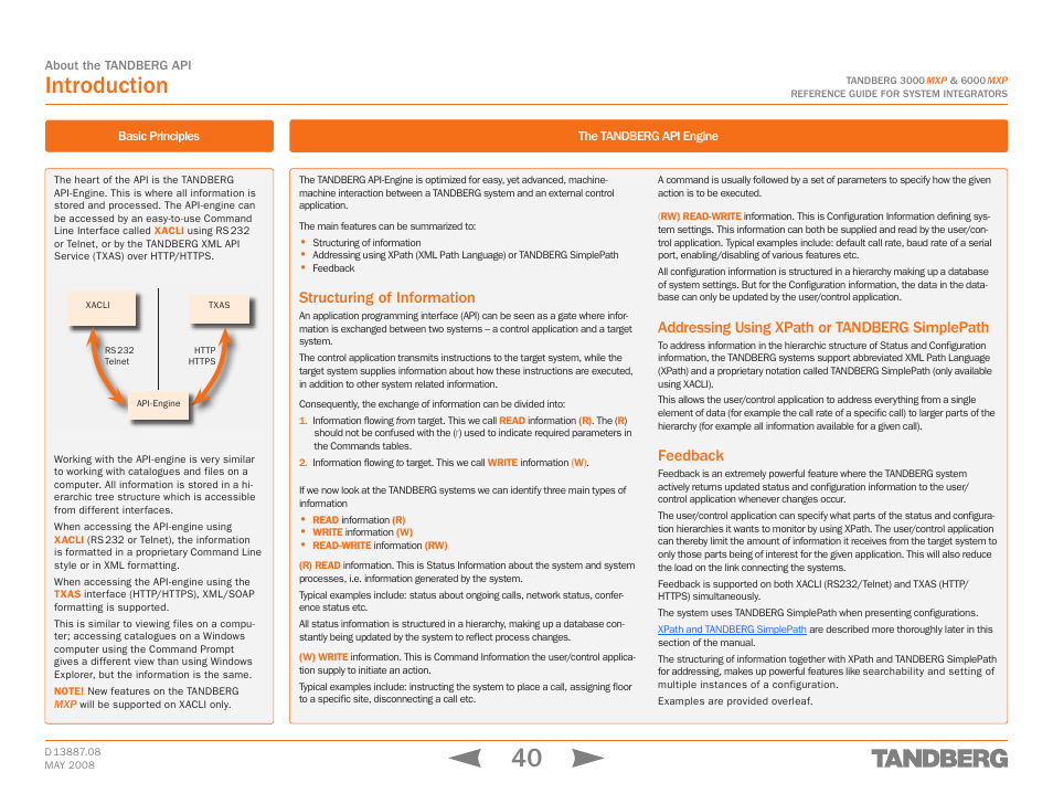 Introduction, Basic principles, The tandberg api engine | Structuring of information, Addressing using xpath or tandberg simplepath, Feedback | TANDBERG 6000MXP User Manual | Page 40 / 242