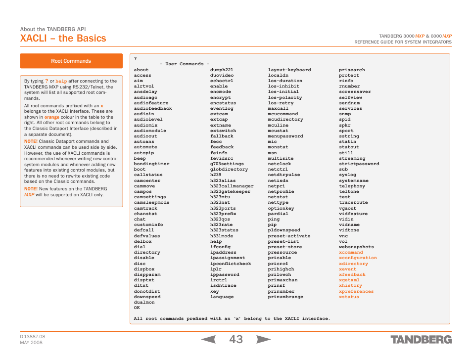 Xacli – the basics, Root commands | TANDBERG 6000MXP User Manual | Page 43 / 242