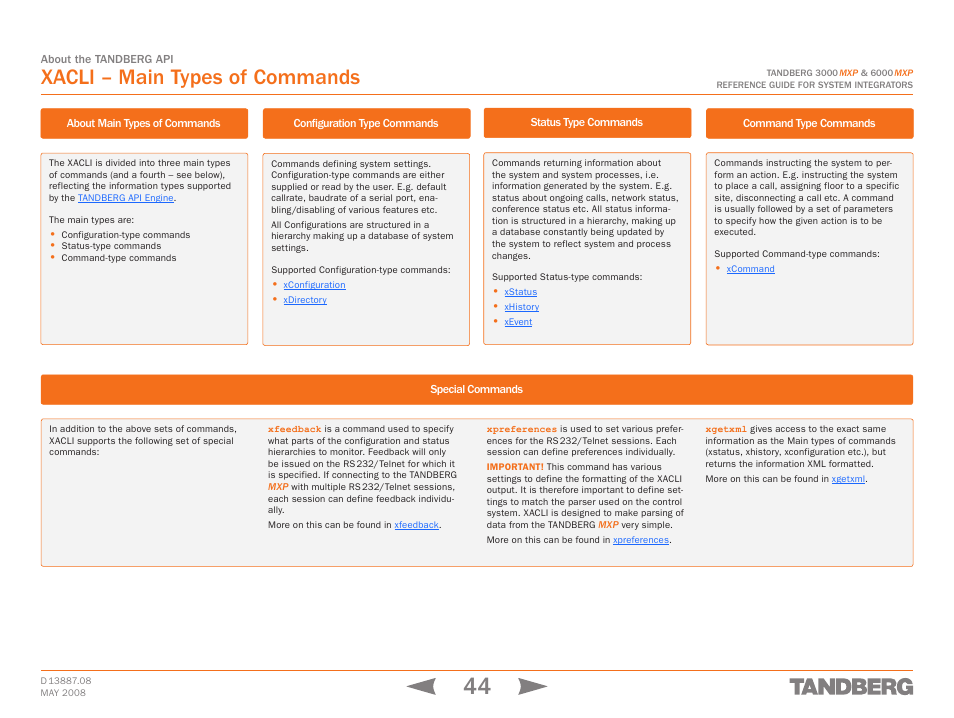 Xacli – main types of commands, Special commands, Configuration type commands | Status type commands, Command type commands | TANDBERG 6000MXP User Manual | Page 44 / 242