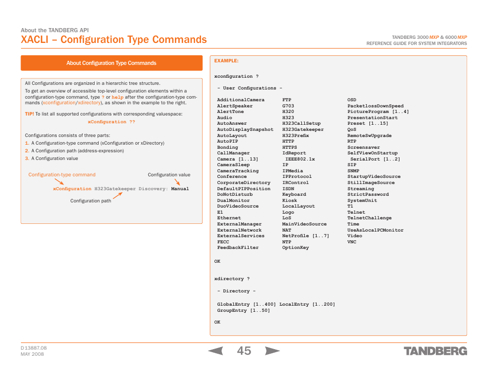 Xacli – configuration type commands | TANDBERG 6000MXP User Manual | Page 45 / 242