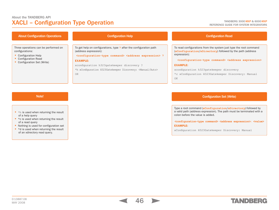 Xacli – configuration type operation, Configuration help, Configuration read | Configuration set (write) | TANDBERG 6000MXP User Manual | Page 46 / 242