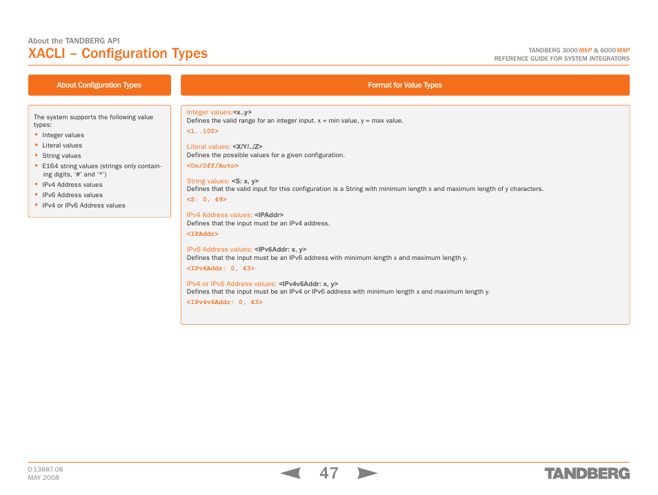 Xacli – configuration types, Format for value types | TANDBERG 6000MXP User Manual | Page 47 / 242