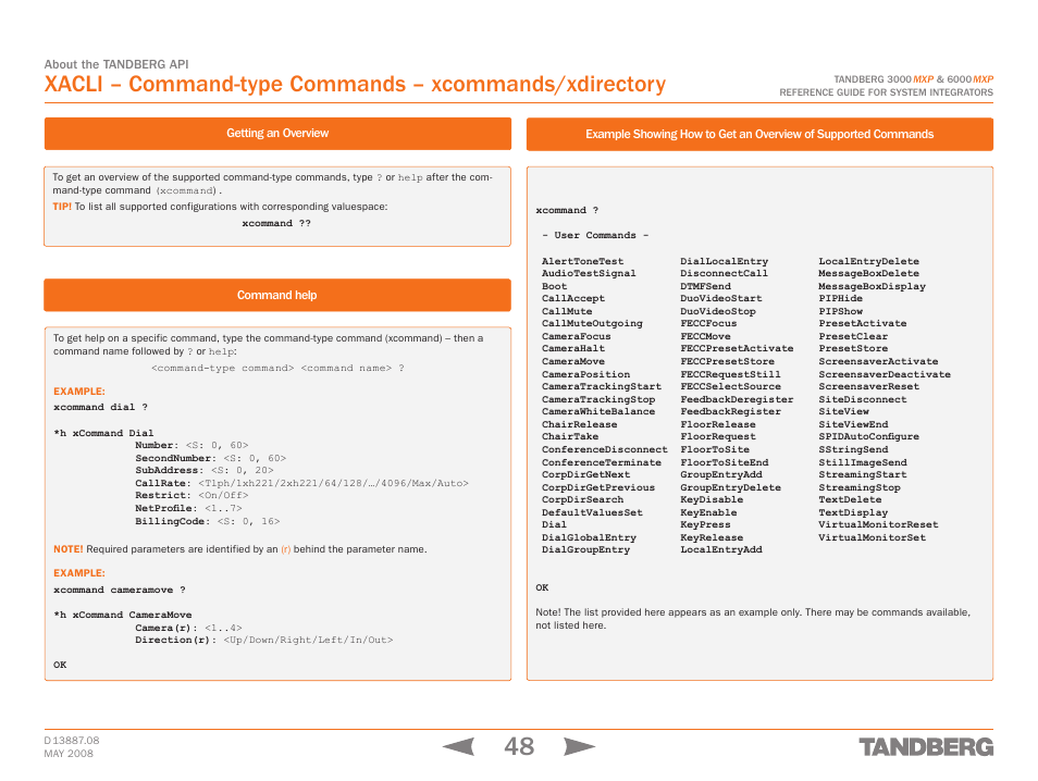 Getting an overview, Command help, Xacli – command-type – xcommands/xdirectory | TANDBERG 6000MXP User Manual | Page 48 / 242