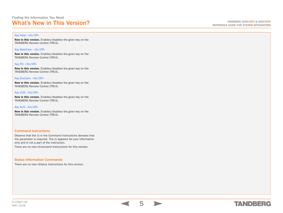 Command instructions, Status information commands, What’s new in this version | TANDBERG 6000MXP User Manual | Page 5 / 242