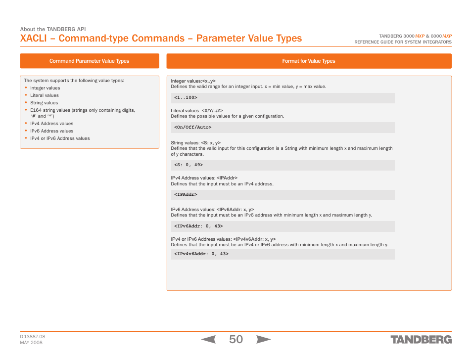 Command parameter value types, Format for value types, Xacli – command-type – parameter value types | TANDBERG 6000MXP User Manual | Page 50 / 242