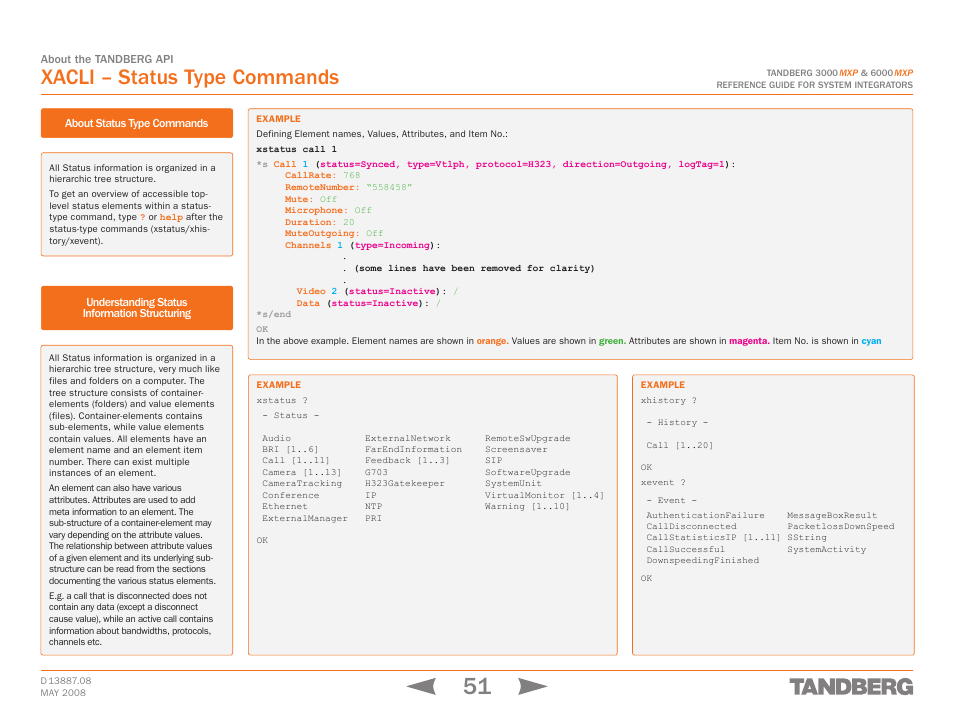 Xacli – status type commands, Understanding status information structuring | TANDBERG 6000MXP User Manual | Page 51 / 242