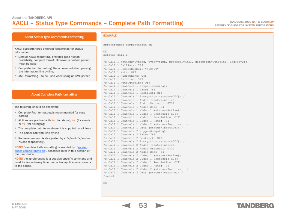 Xacli – status type – complete path formatting | TANDBERG 6000MXP User Manual | Page 53 / 242