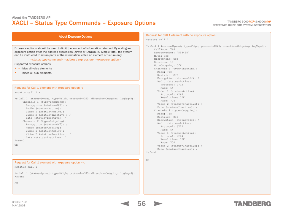 Xacli – status type commands – exposure options, Xacli – status type – exposure options | TANDBERG 6000MXP User Manual | Page 56 / 242