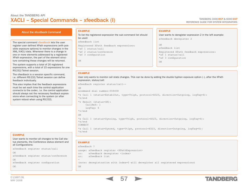 Xacli – special commands – xfeedback (i), Xacli – special commands – xfeedback, Xfeedback | TANDBERG 6000MXP User Manual | Page 57 / 242