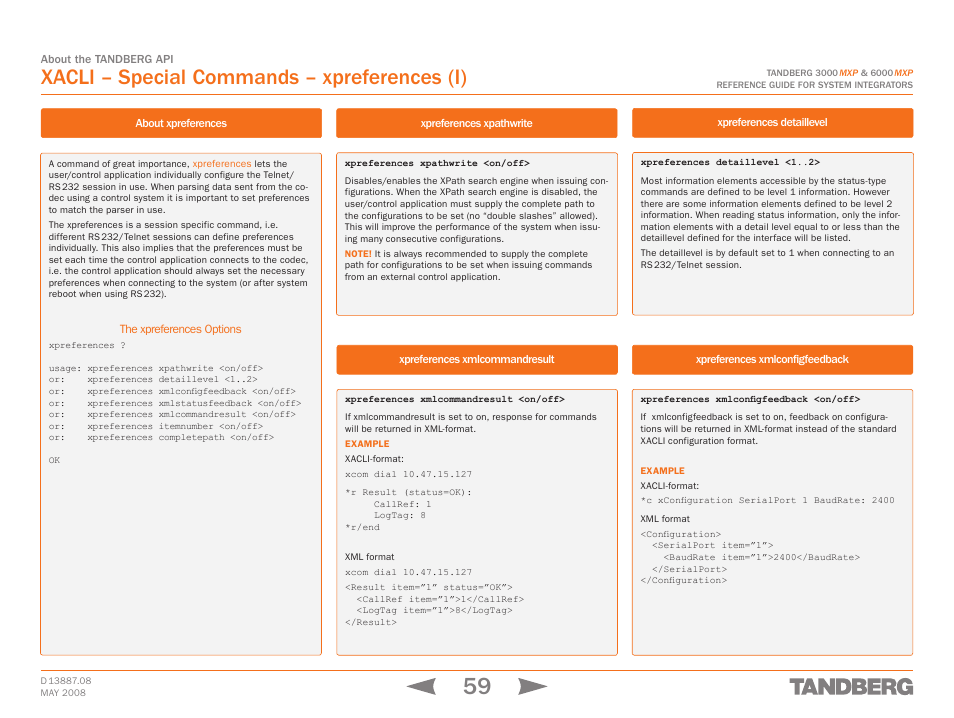 Xacli – special commands – xpreferences (i), The xpreferences options, Xpreferences xpathwrite | Xpreferences xmlcommandresult, Xpreferences detaillevel, Xpreferences xmlconfigfeedback, Xacli – special commands – xpreferences, Xpreferences | TANDBERG 6000MXP User Manual | Page 59 / 242