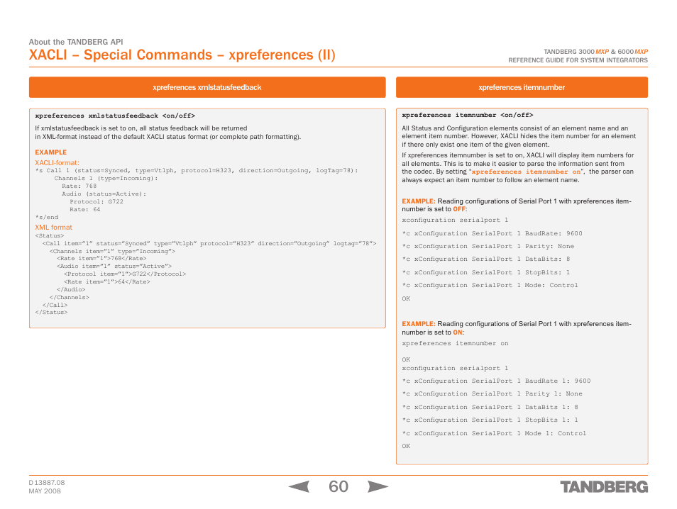 Xpreferences itemnumber, Xpreferences xmlstatusfeedback, Xacli – special commands – xpreferences (ii) | TANDBERG 6000MXP User Manual | Page 60 / 242