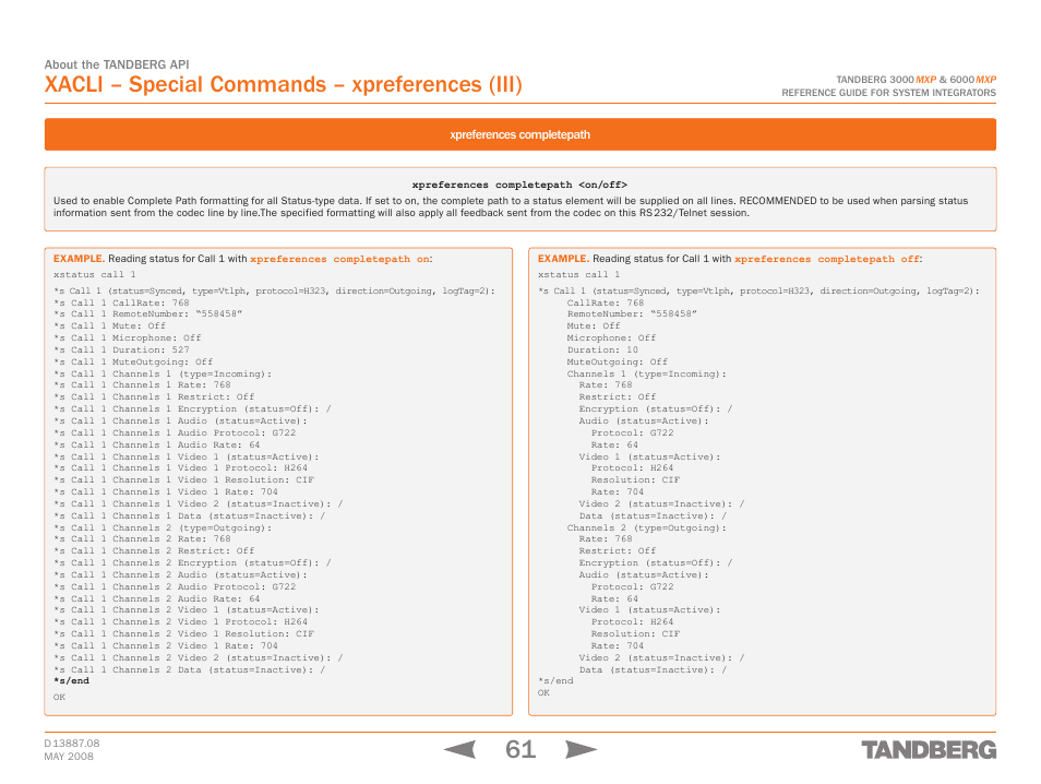 Xpreferences completepath, Xacli – special commands – xpreferences (iii) | TANDBERG 6000MXP User Manual | Page 61 / 242