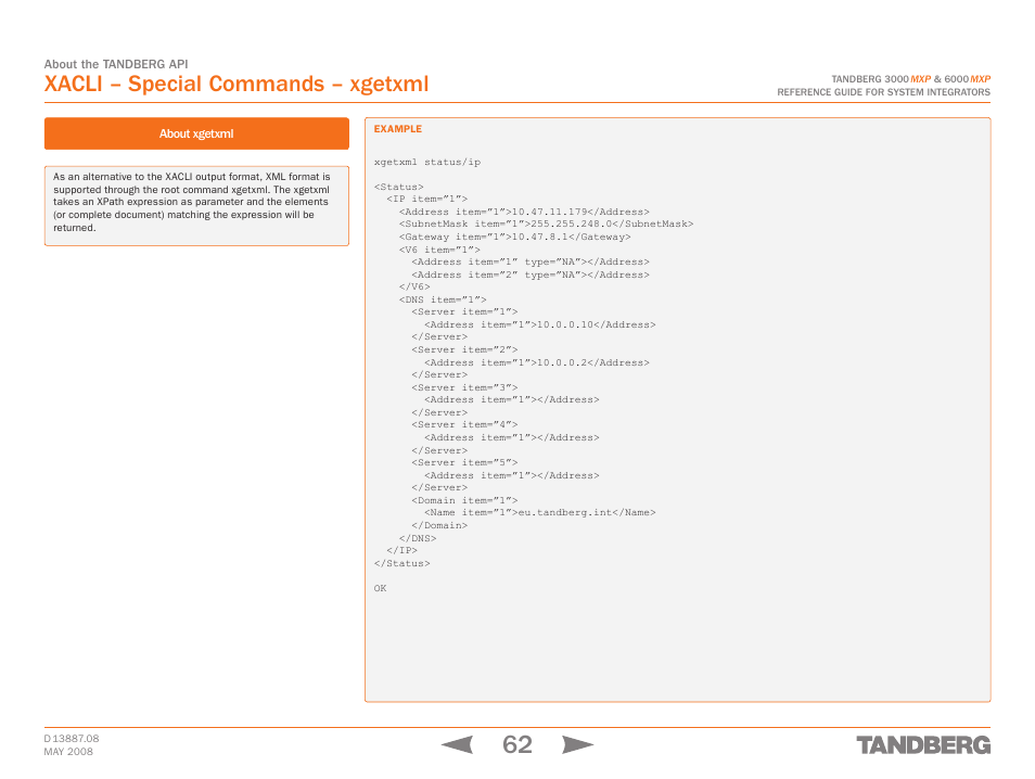 Xacli – special commands – xgetxml, Xgetxml | TANDBERG 6000MXP User Manual | Page 62 / 242