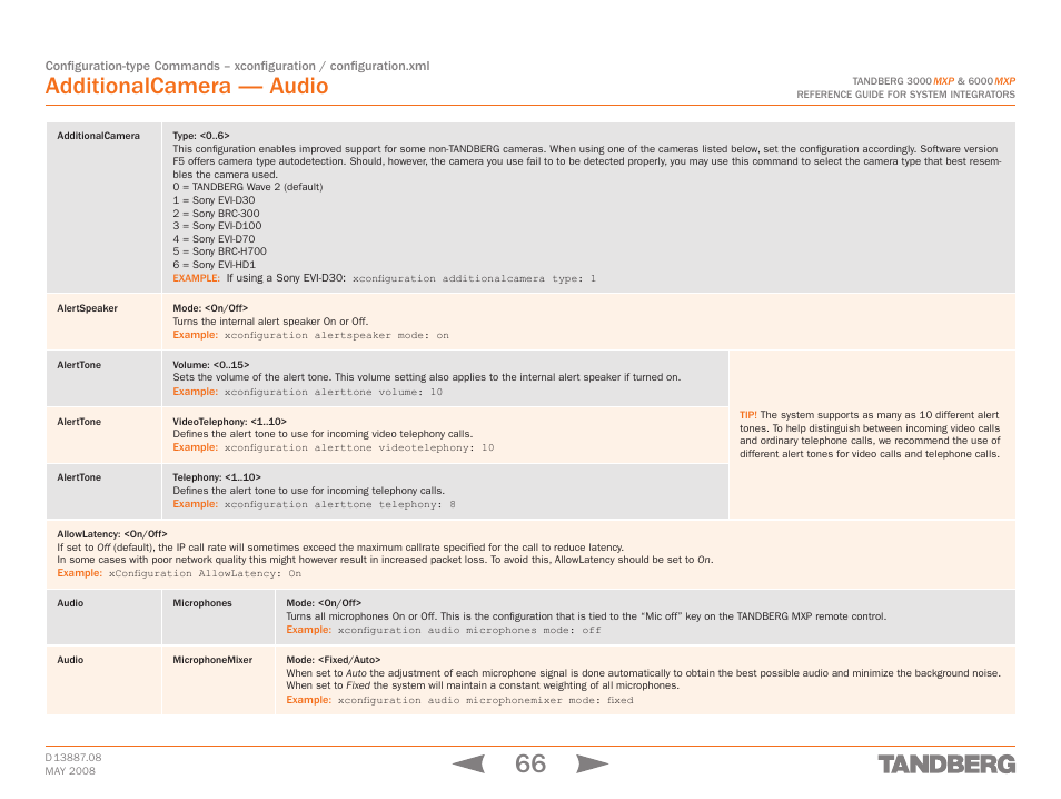 Additionalcamera, Alertspeaker, Alerttone | Allowlatency: <on/off, Xconfiguratio, Additionalcamera — audio | TANDBERG 6000MXP User Manual | Page 66 / 242