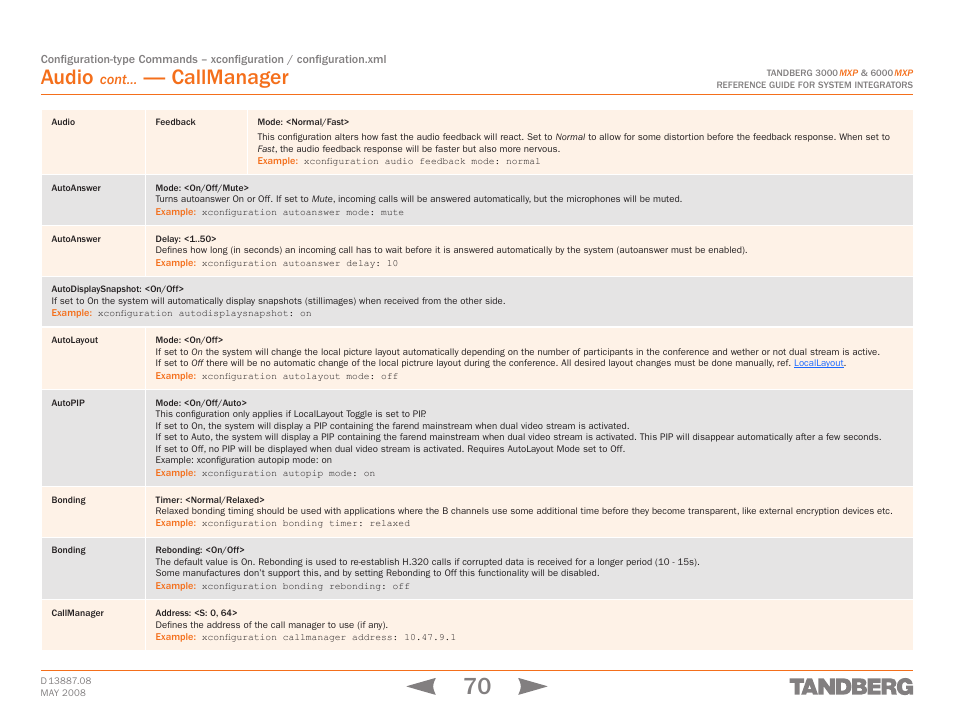 Autoanswer, Autodisplaysnapshot: <on/off, Autolayout | Autopip, Bonding, Callmanager, Audio, Cont | TANDBERG 6000MXP User Manual | Page 70 / 242