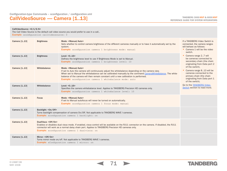 Callvideosource: <0/1/5/6, Camera [1, Callvideosource camera | Callvideosource — camera [1 | TANDBERG 6000MXP User Manual | Page 71 / 242