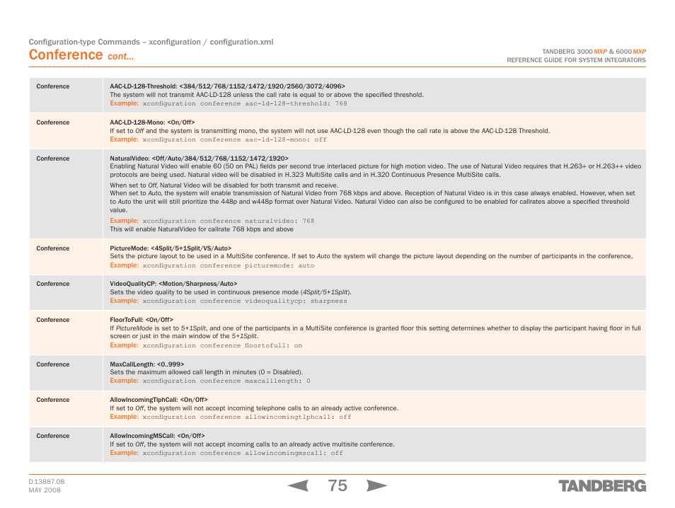 Conference, Cont | TANDBERG 6000MXP User Manual | Page 75 / 242