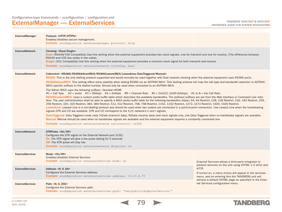 Externalnetwork, Externalservices, Externalmanager protocol: <http/https | Externalnetwork externalservices, Externalmanager — externalservices | TANDBERG 6000MXP User Manual | Page 79 / 242