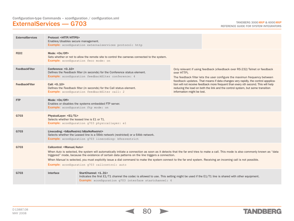 Fecc, Feedbackfilter, G703 | Externalservices protocol: <http/https, Fecc feedbackfilter ftp g703, Externalservices — g703 | TANDBERG 6000MXP User Manual | Page 80 / 242