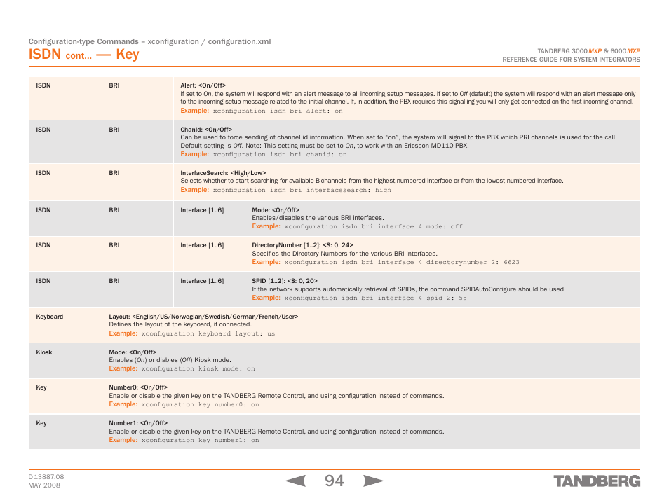 Keyboard, Kiosk, Key number0: <on/off | Key number1: <on/off, Keyboard kiosk key, Isdn, Cont | TANDBERG 6000MXP User Manual | Page 94 / 242