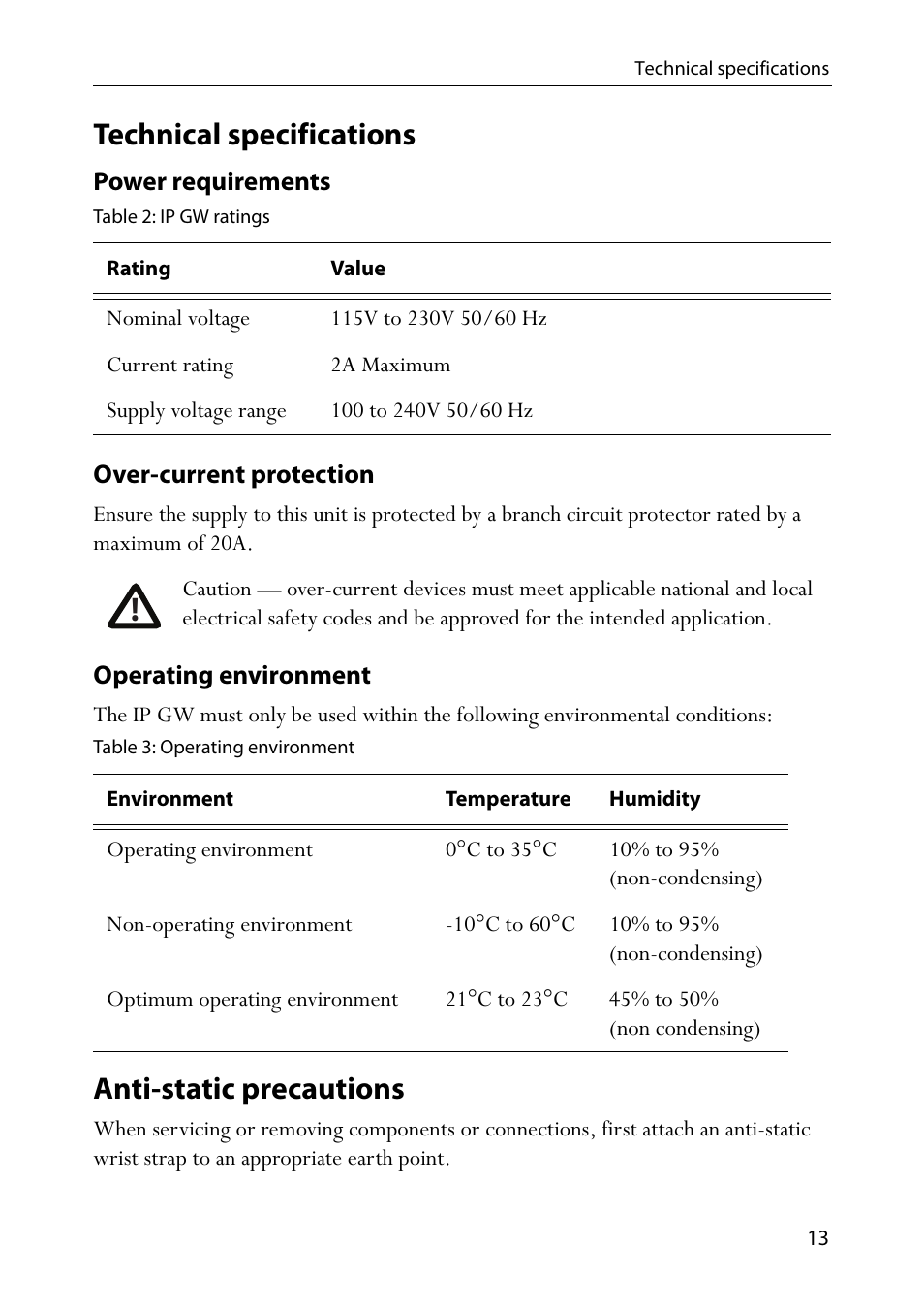 Technical specifications, Power requirements, Table 2: ip gw ratings | Over-current protection, Operating environment, Table 3: operating environment, Anti-static precautions, Technical specifications anti-static precautions | TANDBERG IP GW 3500 User Manual | Page 17 / 18