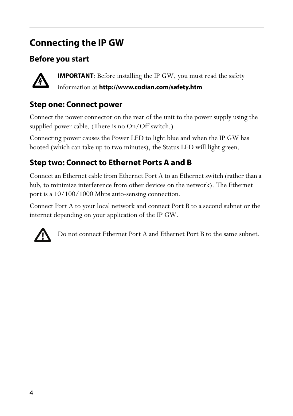 Connecting the ip gw, Before you start, Step one: connect power | Step two: connect to ethernet ports a and b | TANDBERG IP GW 3500 User Manual | Page 8 / 18