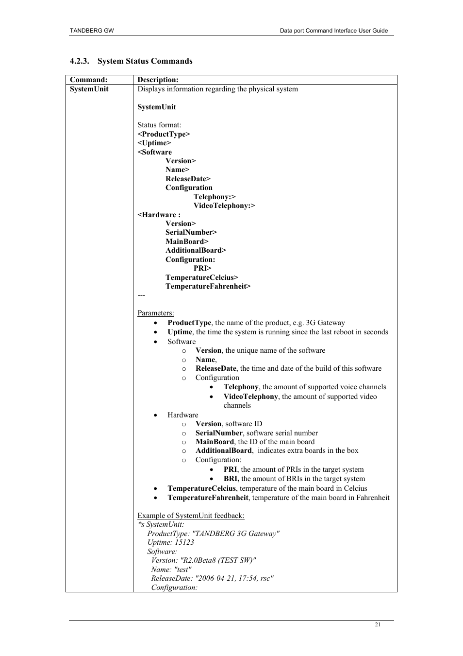 System status commands | TANDBERG D1320202 User Manual | Page 21 / 32