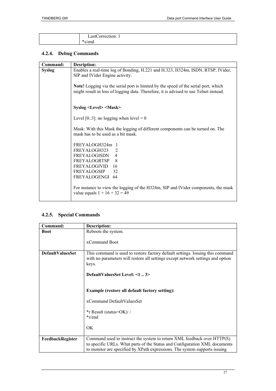 Debug commands, Special commands | TANDBERG D1320202 User Manual | Page 27 / 32