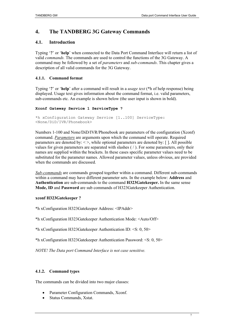 The tandberg 3g gateway commands, Introduction, Command format | Command types, Ntroduction | TANDBERG D1320202 User Manual | Page 7 / 32