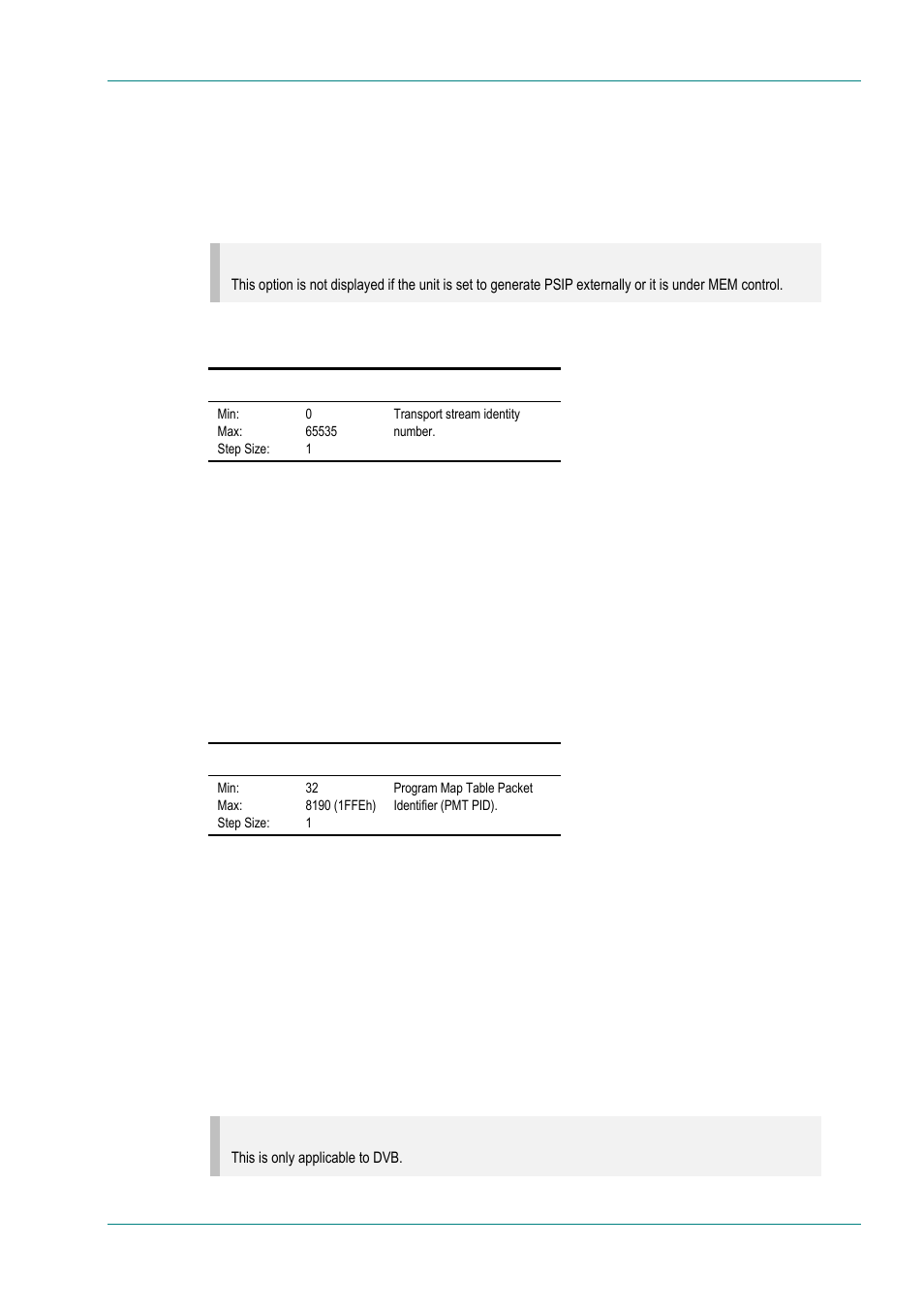 Transport stream id option, Service type option (3.0 and later), Pmt pid option | Dolby ac-3 descriptor option (3.0 and later) | TANDBERG E5714 User Manual | Page 101 / 332