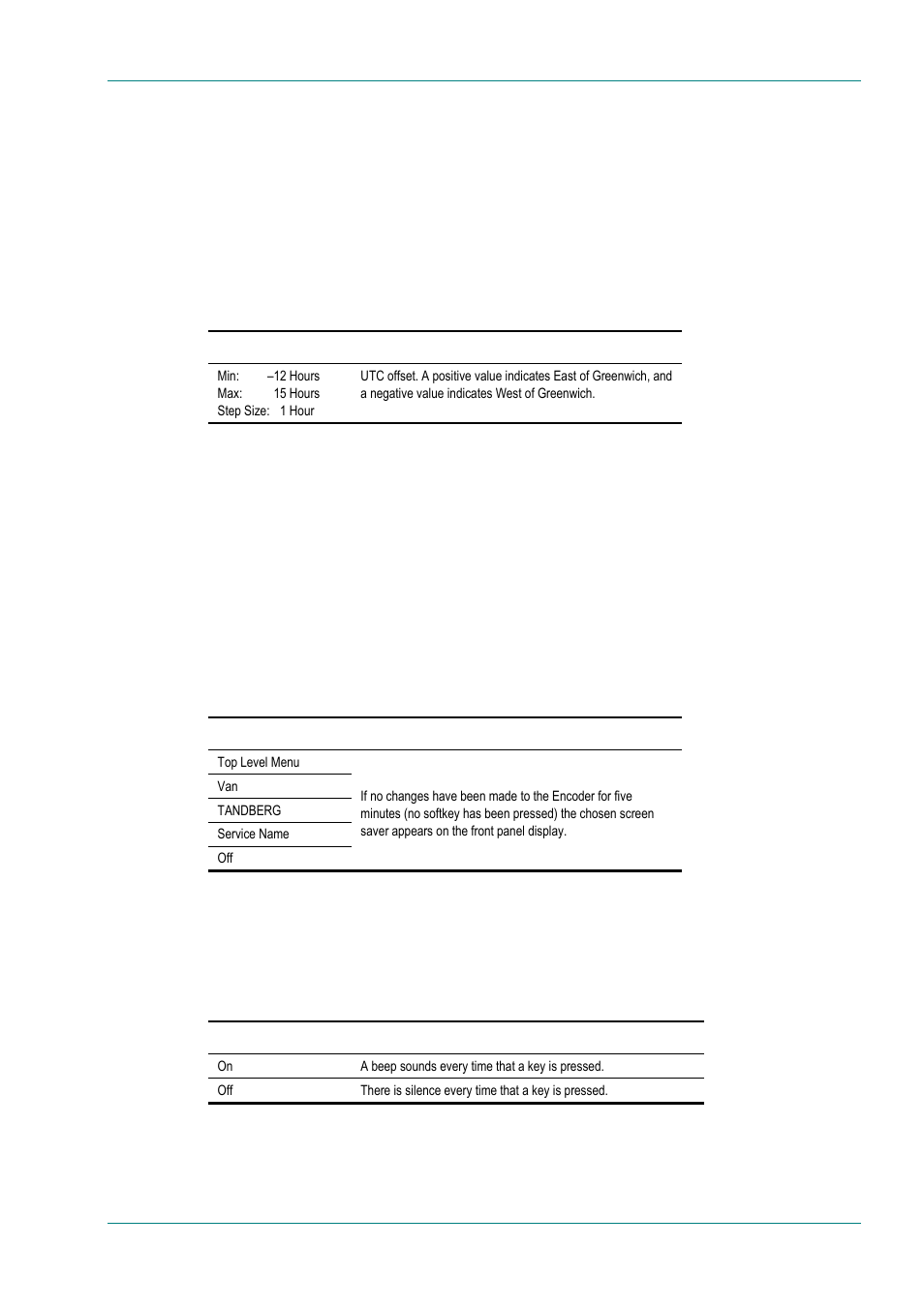 Utc offset option, Temperature option, Screen saver option | Keypress beep option | TANDBERG E5714 User Manual | Page 105 / 332