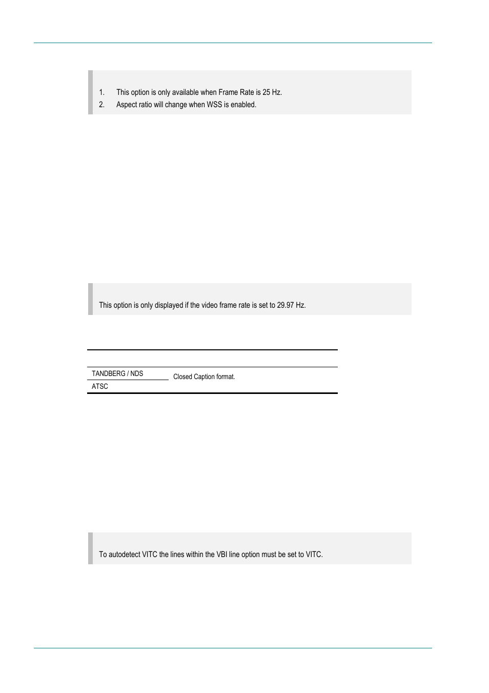 Wss (line 23) option, Closed caption option, Cc format option | Auto detect vitc option, Vbi line ‘n’ option | TANDBERG E5714 User Manual | Page 126 / 332