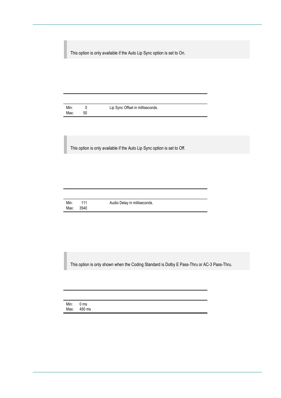 Lip sync offset option, Audio delay option, External delay option | TANDBERG E5714 User Manual | Page 135 / 332