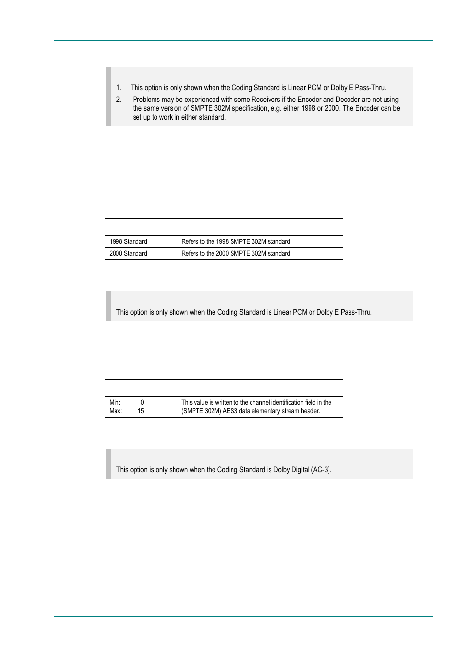 Smpte 302m standard option, Channel option, Bit stream mode option | TANDBERG E5714 User Manual | Page 137 / 332