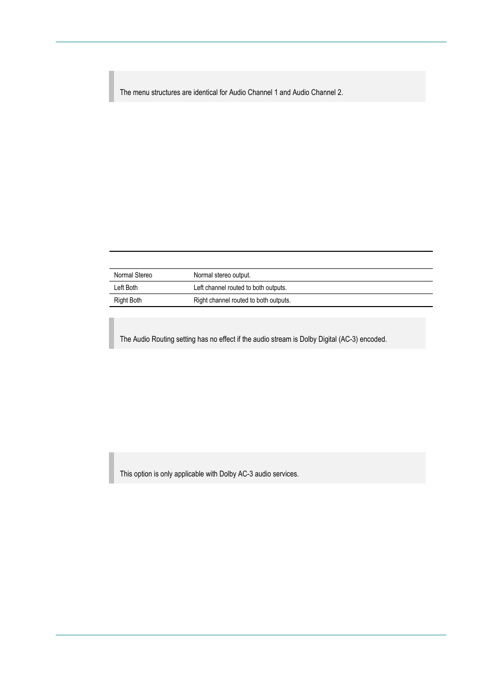 Ird audio 1 and audio 2 menus, Audio stream, Audio routing option | Default language option, Downmix mode option, 7 ird audio 1 and audio 2 menus | TANDBERG E5714 User Manual | Page 191 / 332