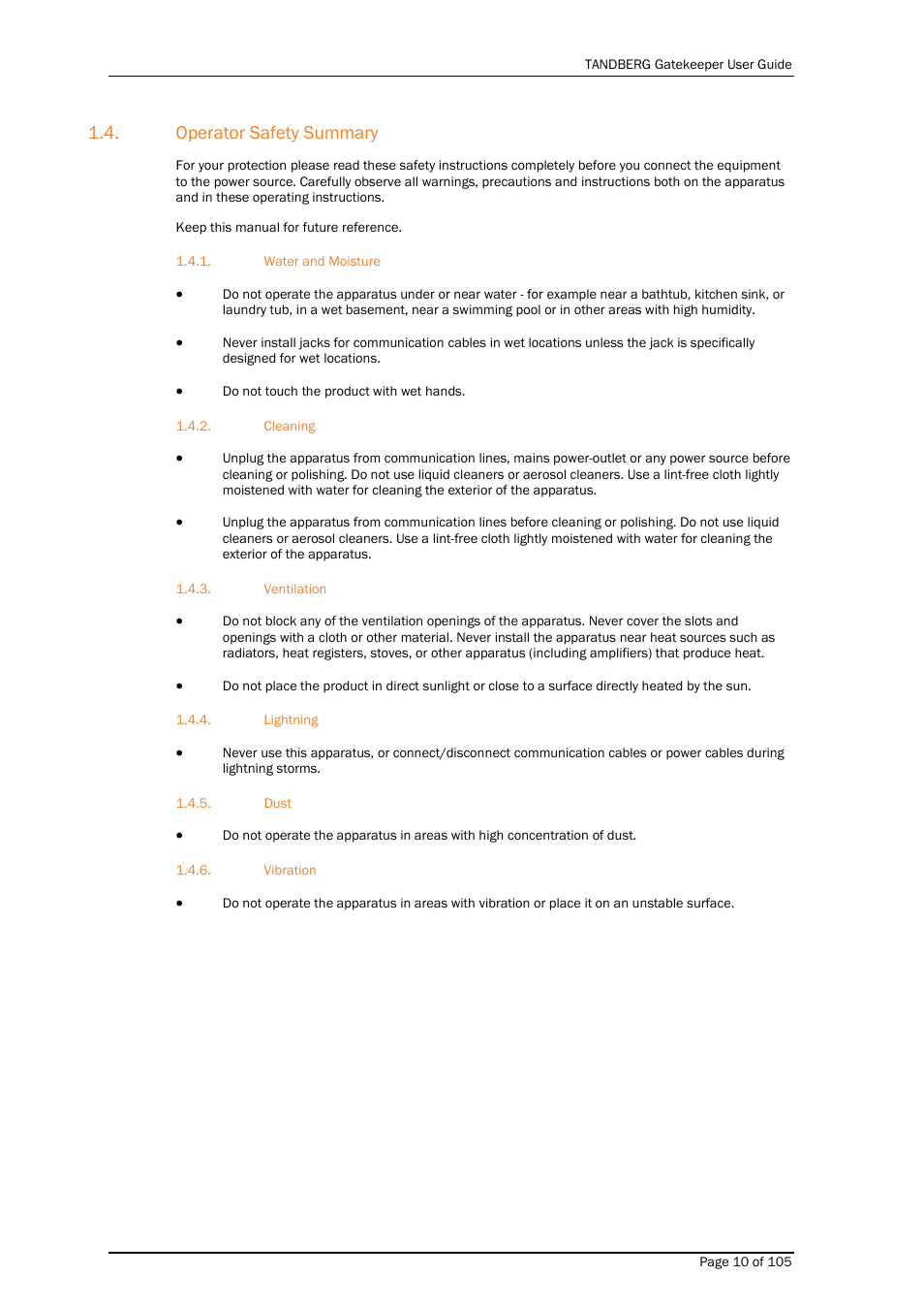Operator safety summary, Water and moisture, Cleaning | Ventilation, Lightning, Dust, Vibration | TANDBERG Gatekeeper User Manual | Page 10 / 105