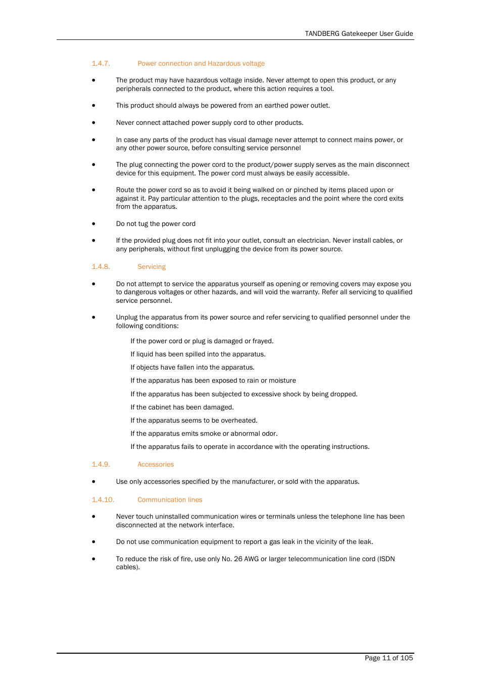 Power connection and hazardous voltage, Servicing, Accessories | Communication lines | TANDBERG Gatekeeper User Manual | Page 11 / 105