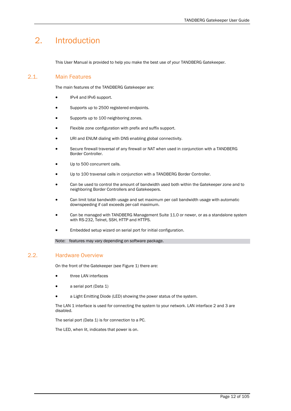 Introduction, Main features, Hardware overview | TANDBERG Gatekeeper User Manual | Page 12 / 105