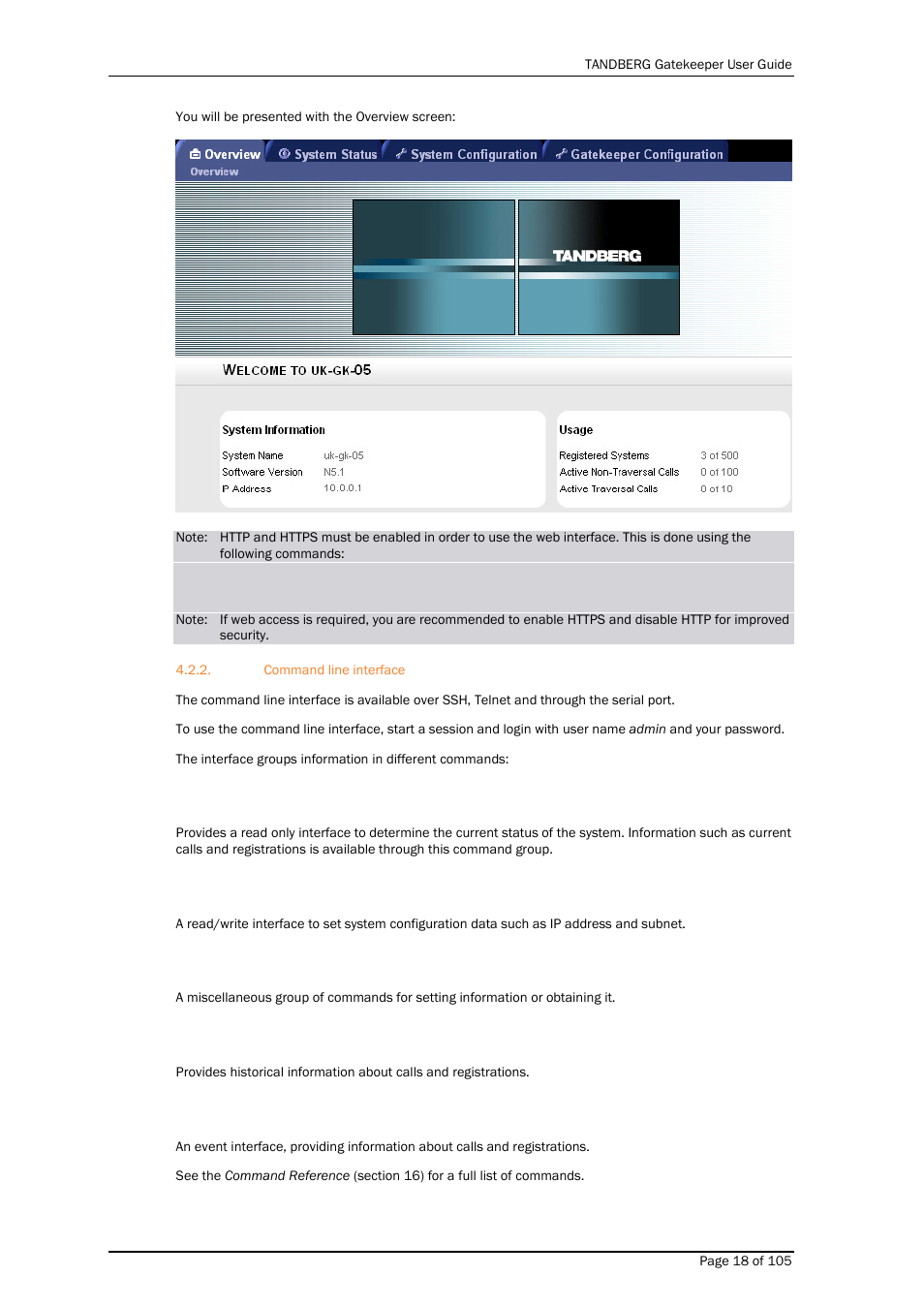 Command line interface | TANDBERG Gatekeeper User Manual | Page 18 / 105