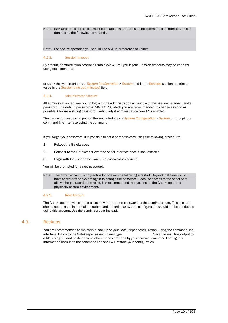 Session timeout, Administrator account, Root account | Backups | TANDBERG Gatekeeper User Manual | Page 19 / 105