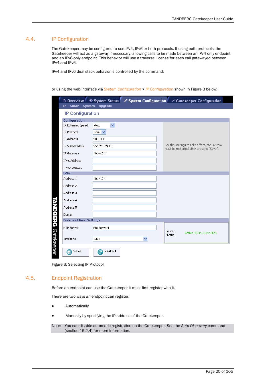 Ip configuration, Endpoint registration | TANDBERG Gatekeeper User Manual | Page 20 / 105