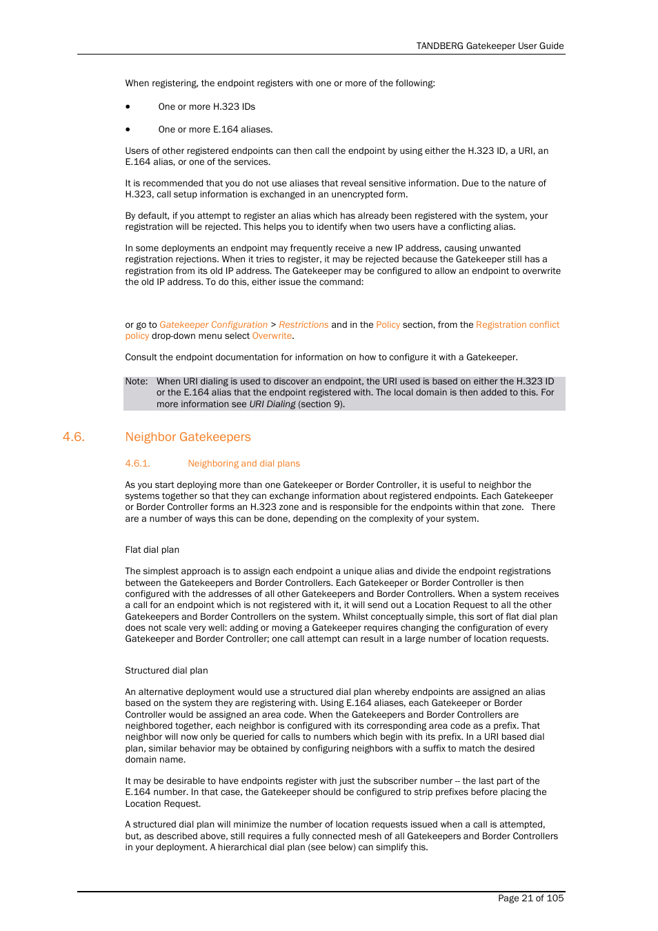 Neighbor gatekeepers, Neighboring and dial plans | TANDBERG Gatekeeper User Manual | Page 21 / 105