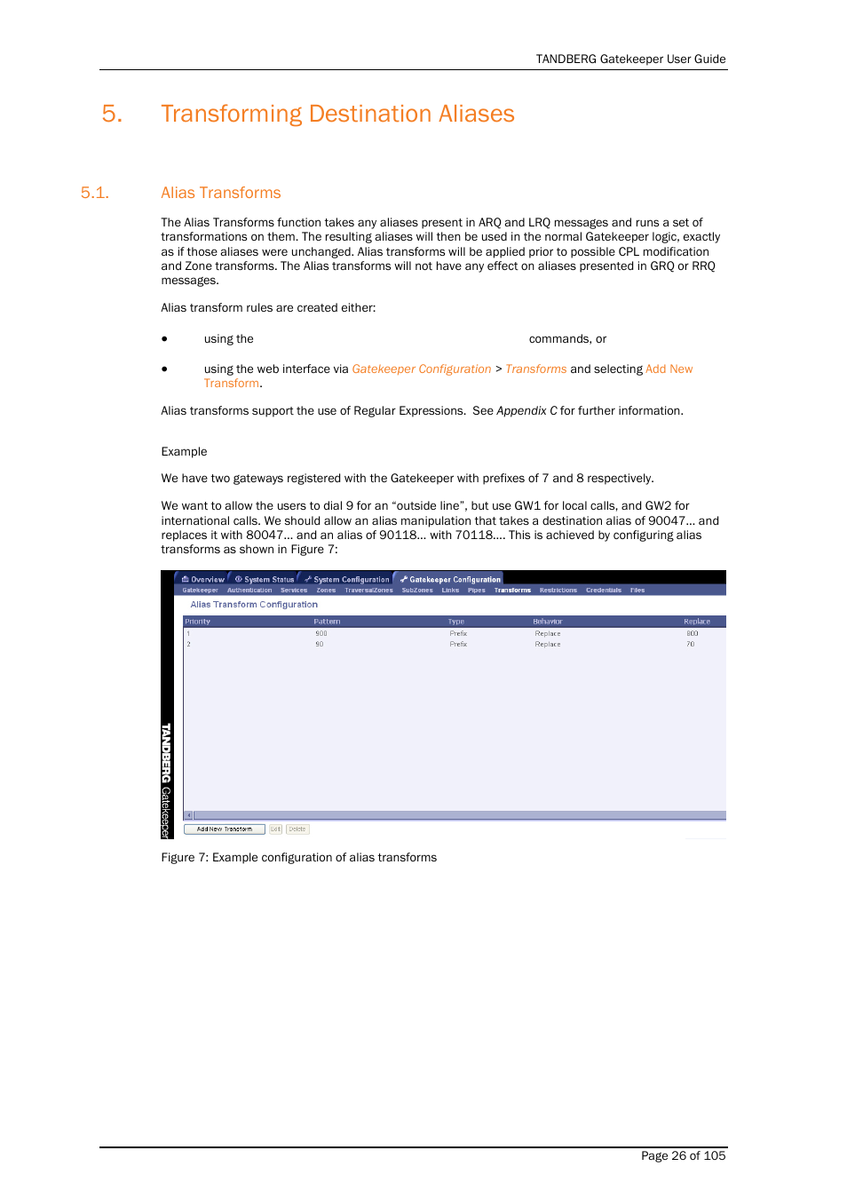 Transforming destination aliases, Alias transforms | TANDBERG Gatekeeper User Manual | Page 26 / 105